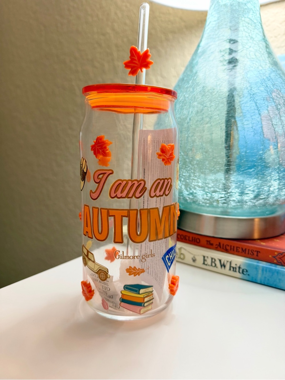 Gilmore Girls “I am an Autumn” Leaf Glass Tumbler with Straw
